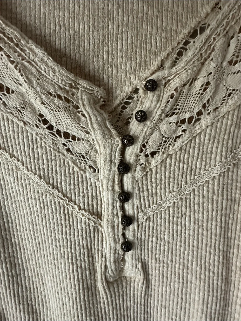 Free People Oatmeal Combo Thermal Henley - Lace Trim Waffle Knit Top - XL NWT